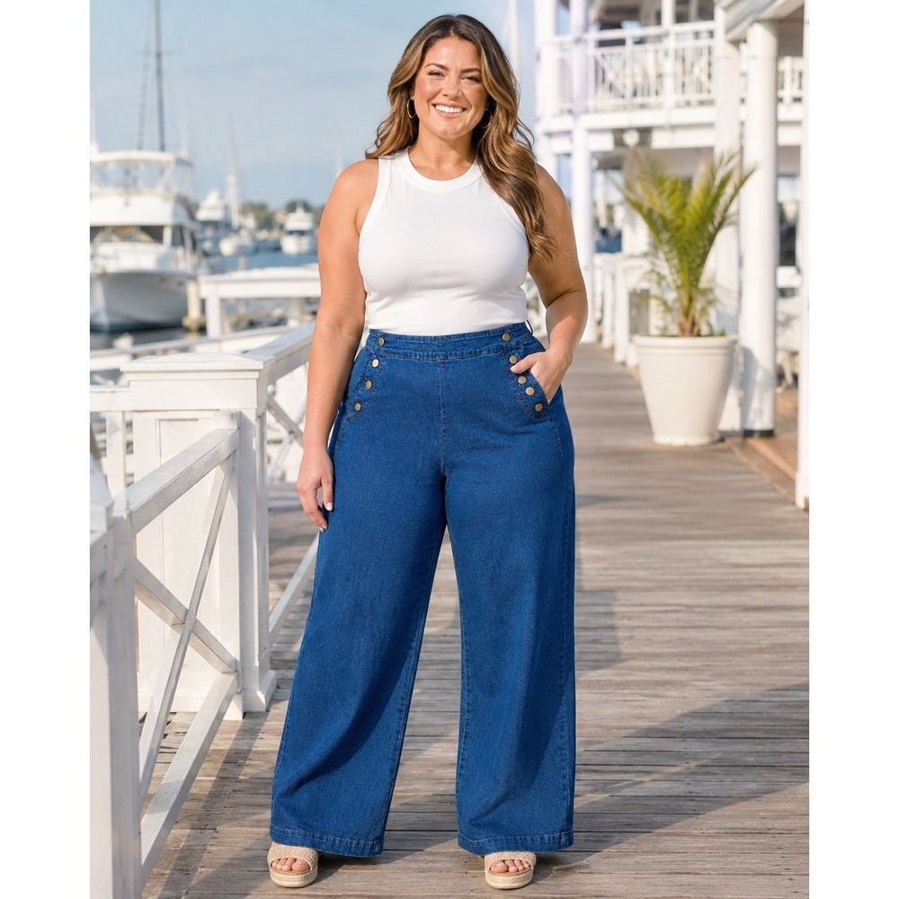 Sugarlips XL High Rise Wide Leg Sailor Jeans Blue Denim Gold Button NWOT